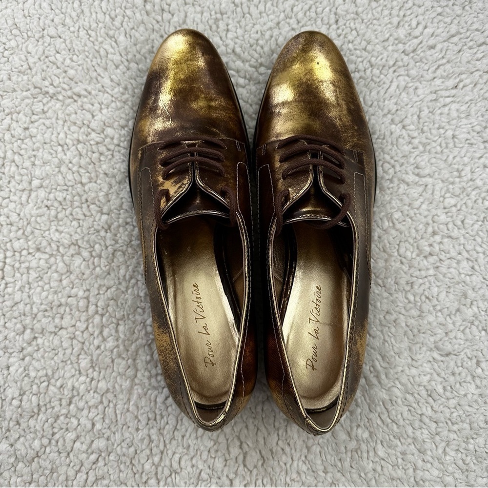 Pour La Victoire Gold Metallic Leather Lace-Up Flats - Picture 5 of 11